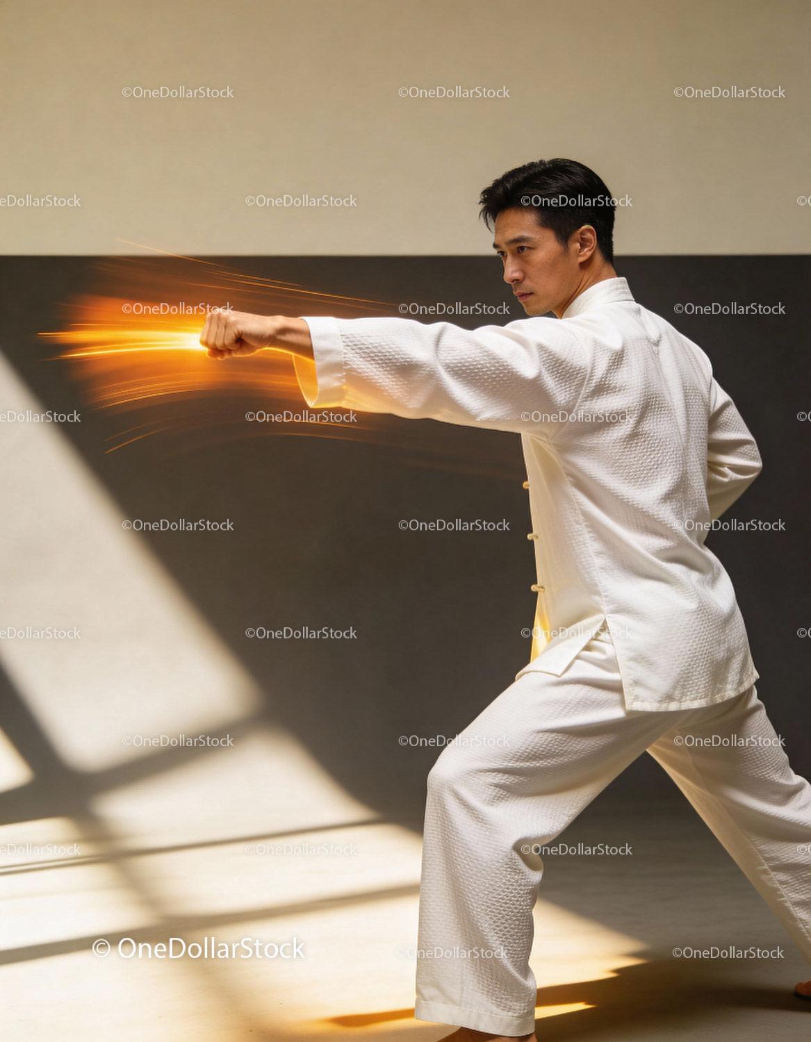 Focused martial artist delivering a powerful punch