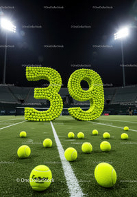 Number 39 formed by tennis balls on illuminated court