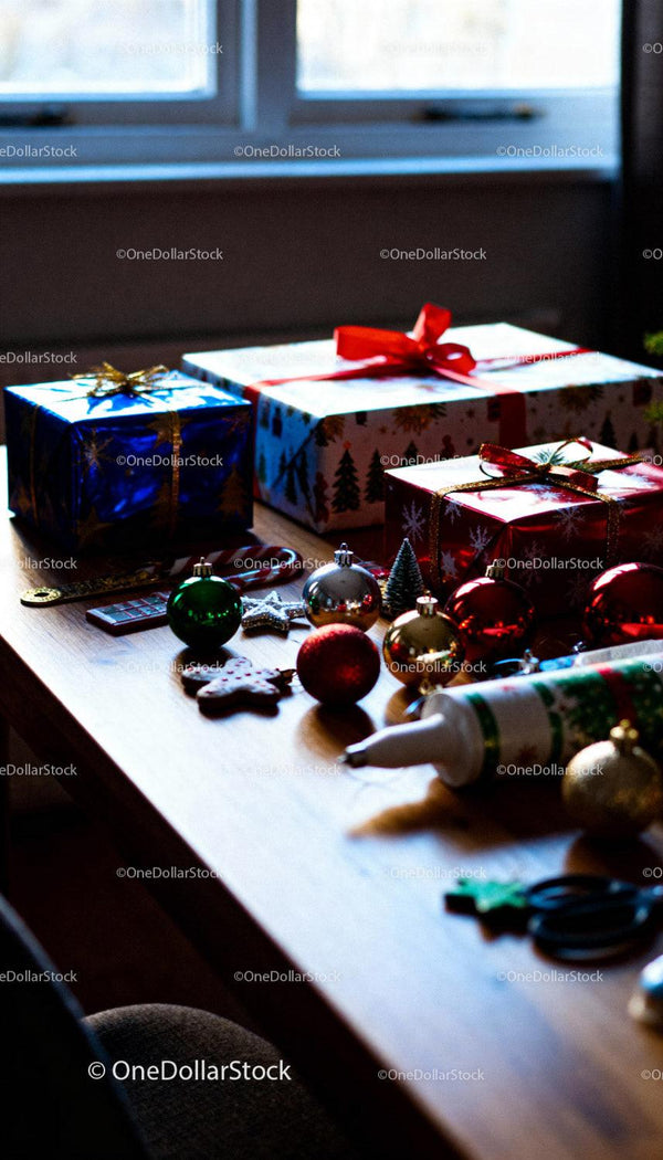 Christmas gift wrapping with festive decorations on table