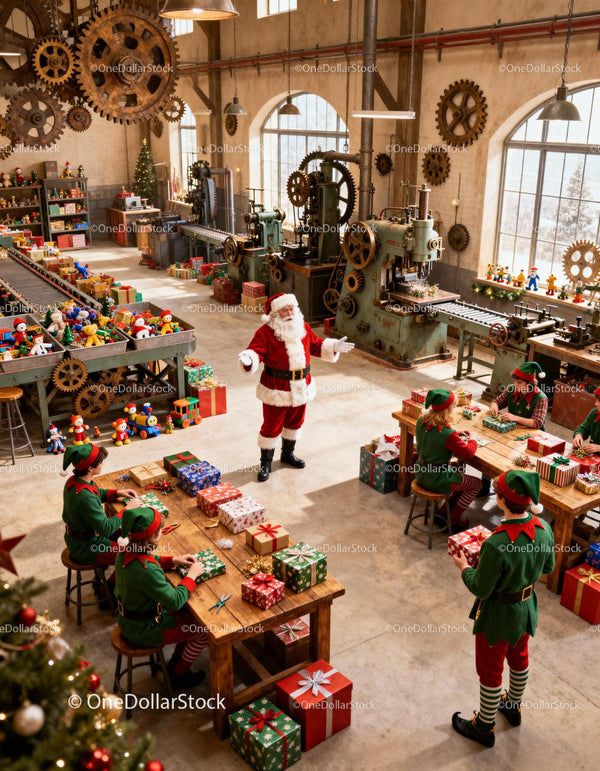 Santa Directing Elves in Festive Workshop Preparing Gifts