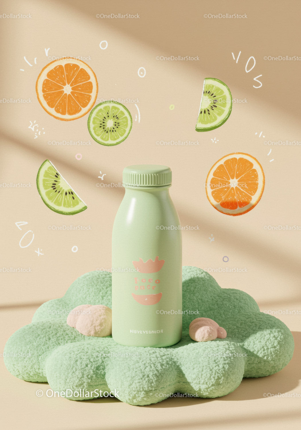 Minimalist green bottle with citrus illustrations on soft surface