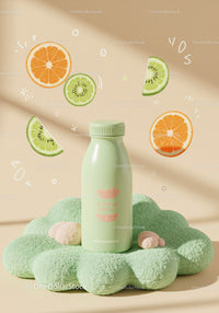 Minimalist green bottle with citrus illustrations on soft surface