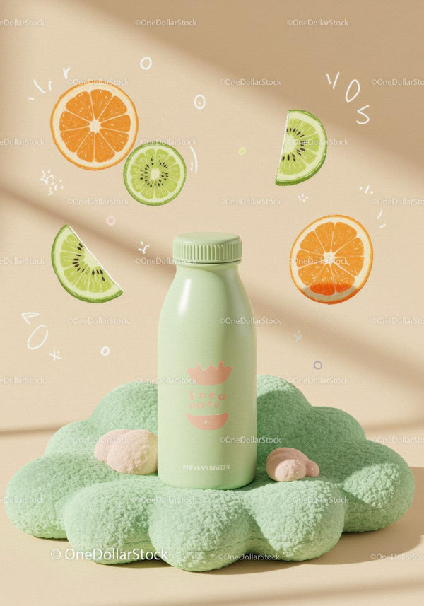 Minimalist green bottle with citrus illustrations on soft surface