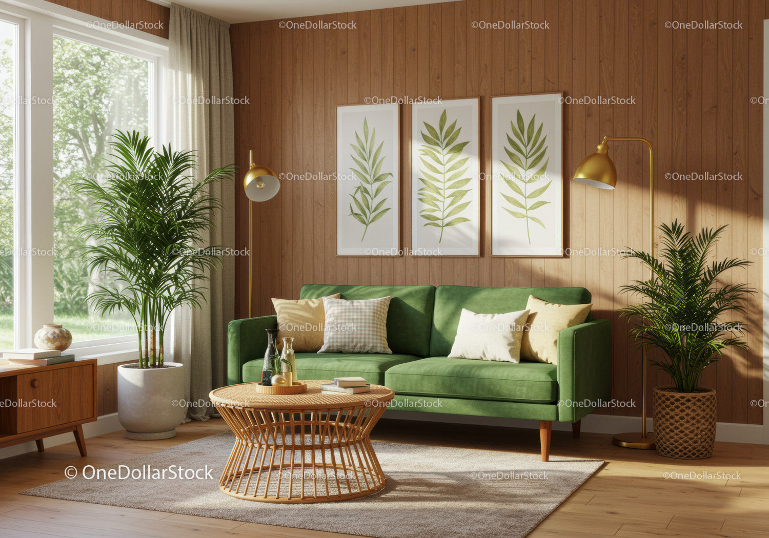 Przytulny salon z zieloną sofą i naturalnym wystrojem
