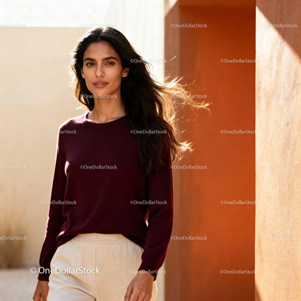 Confident woman with flowing hair standing by warm wall
