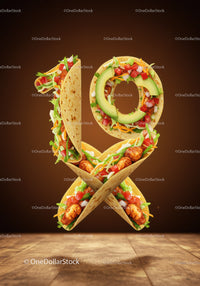 Creative Number 19 Made of Fresh Tacos on Wooden Surface