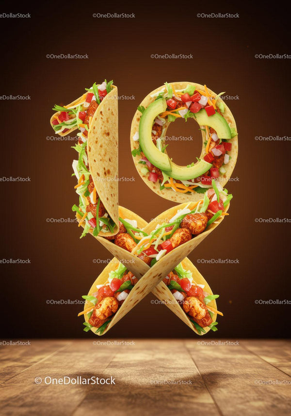 Creative Number 19 Made of Fresh Tacos on Wooden Surface