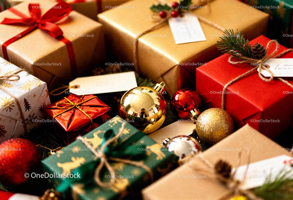 Assorted Christmas Gifts and Festive Ornaments Close Up
