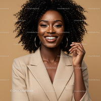 Vibrant Smiling African American Woman in Beige Blazer with Curly Hair