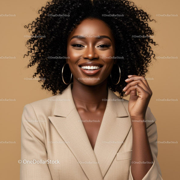 Vibrant Smiling African American Woman in Beige Blazer with Curly Hair