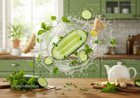 Fresh cucumber and ginger splash in bright kitchen