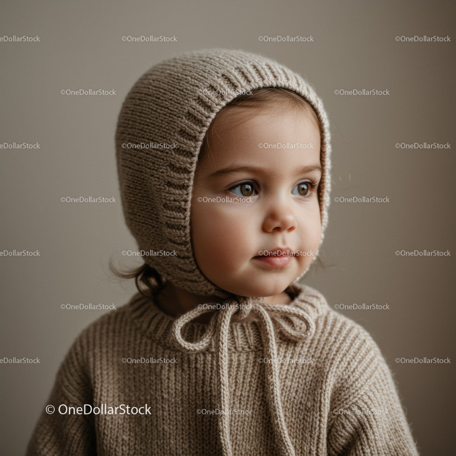 Toddler in cozy knitted hat and sweater portrait
