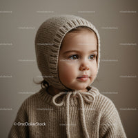 Toddler in cozy knitted hat and sweater portrait