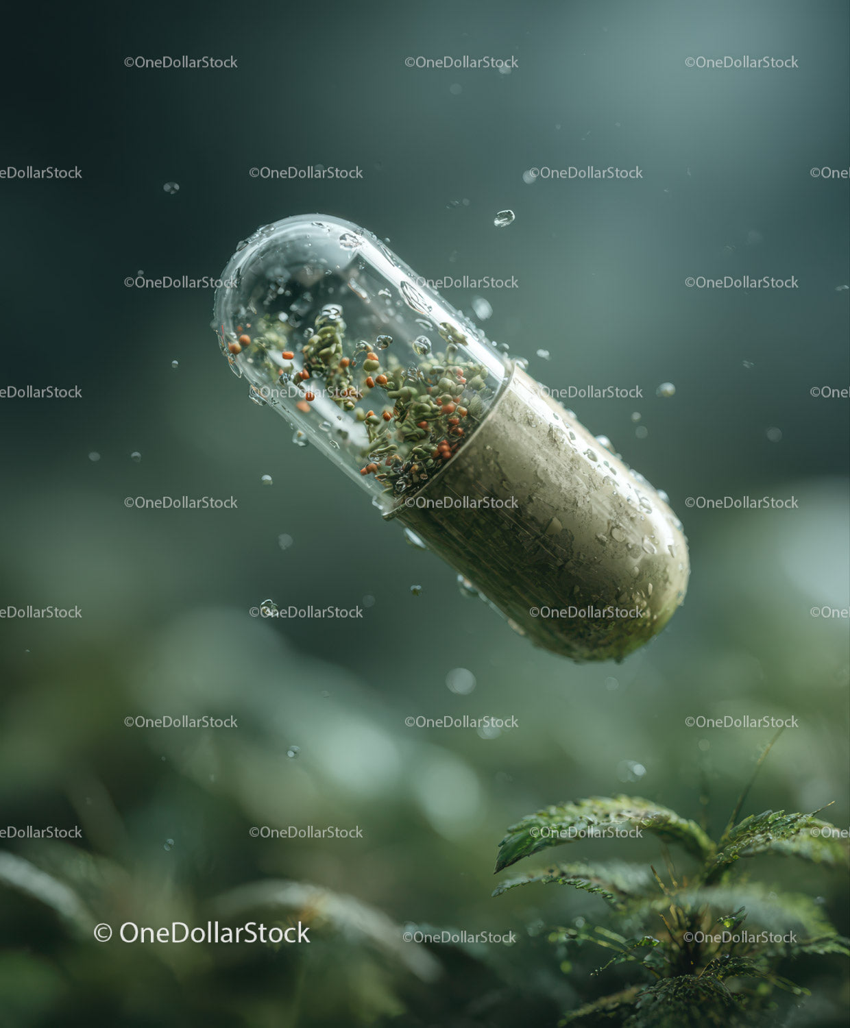 Herbal Medicine Capsule with Tiny Plants Growing Inside