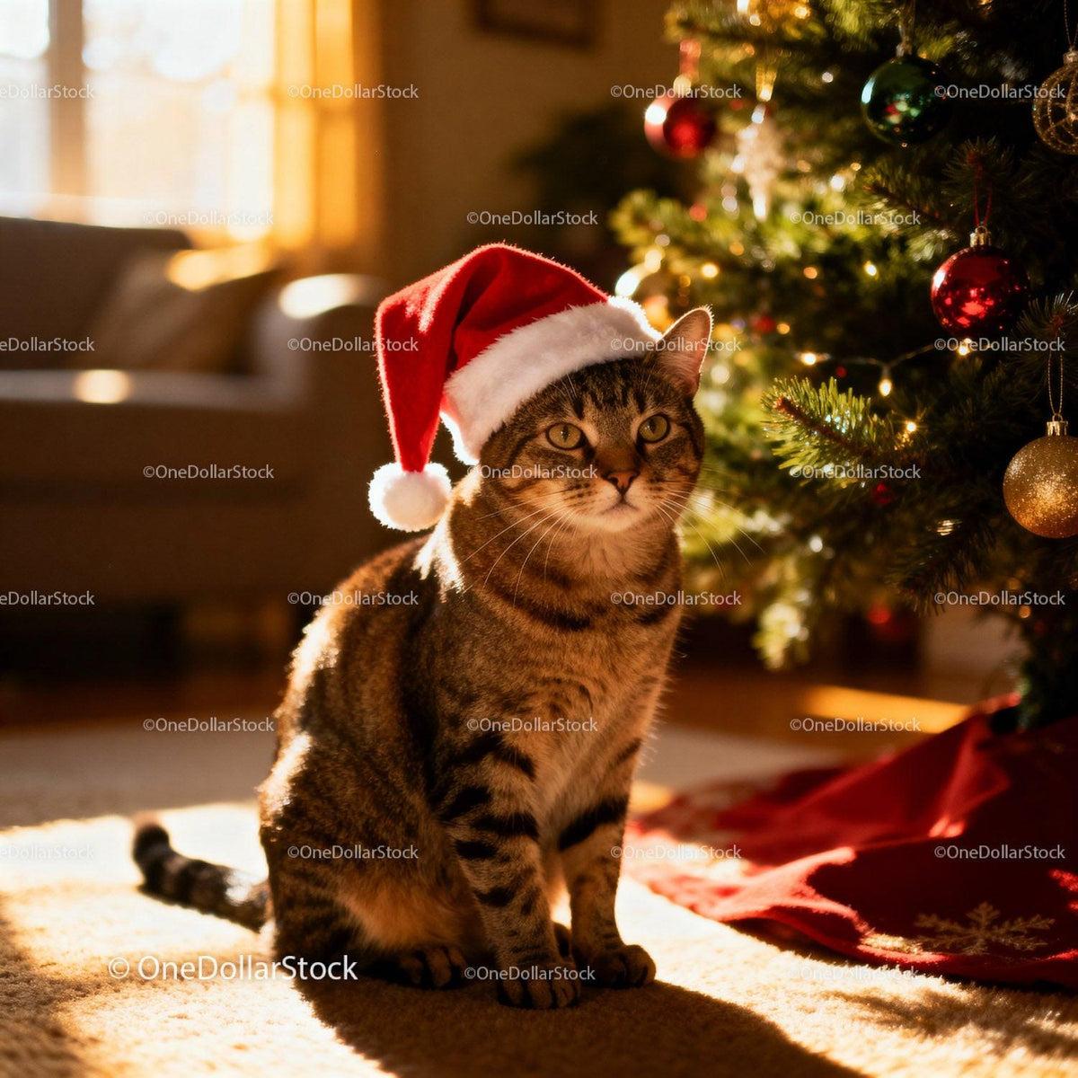 Tabby Cat Wearing Santa Hat by Christmas Tree