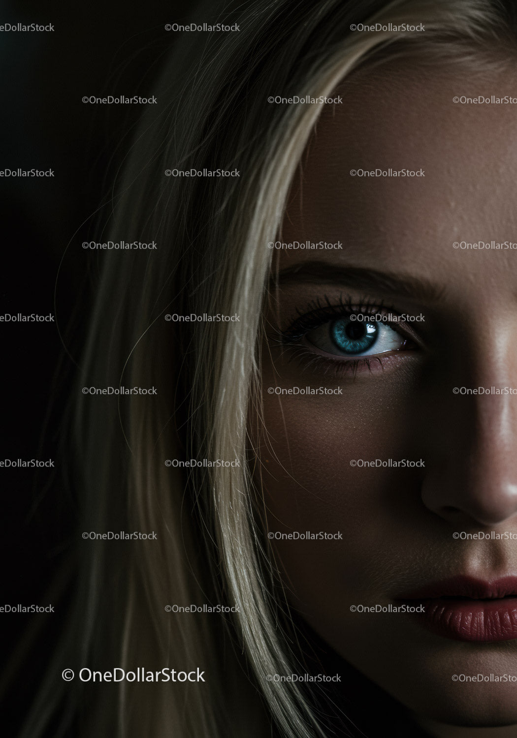 Close up of woman with striking blue eye and blonde hair