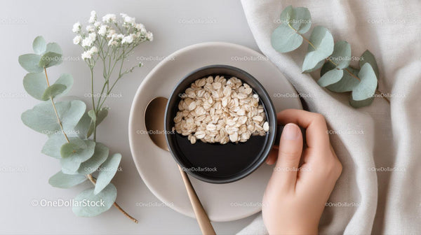 Healthy Oatmeal in a Black Bowl with Eucalyptus Decor