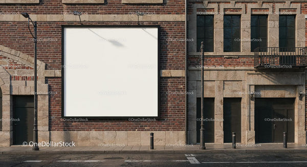 Urban brick wall with blank advertisement billboard JPG Mockup Image