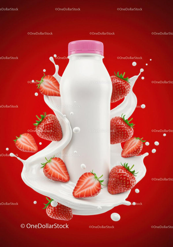 Strawberry Yogurt Bottle with Fresh Cream Splash JPG Mockup Image