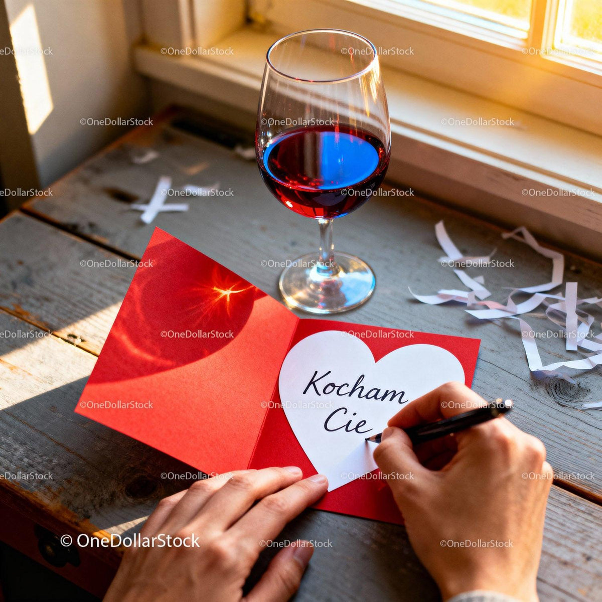Handwriting Love Note with Red Wine on Rustic Table