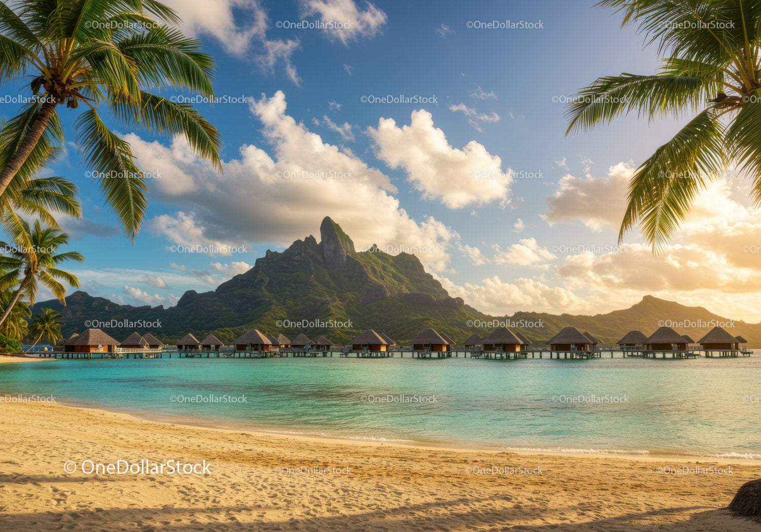 Overwater Bungalows on Serene Tropical Island with Mountain Background