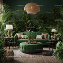 Luxurious green living room with abundant indoor plants