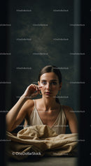Stylish Young Woman Portrait with Dark Background in Elegant Clothing