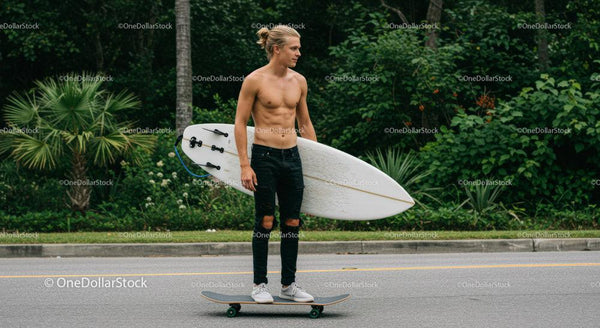 Young Man with Surfboard and Skateboard on City Street in Summer