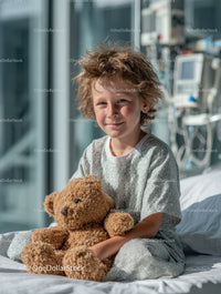 Child Sitting Comfortably in Hospital Bed Holding Teddy Bear