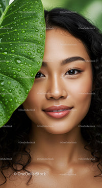 Natural Beauty Woman with Curly Black Hair and Tropical Leaves