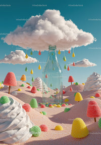 Candy Landscape with Glass Bottle and Cotton Clouds