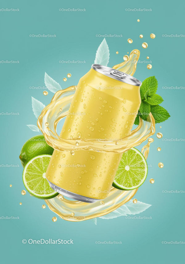 Refreshing Citrus Drink Can Surrounded by Lime and Splash JPG Mockup Image