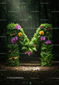 Green Letter M Covered with Orchids in Forest Path