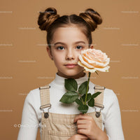Young Girl with Pale Peach Rose Portrait on Soft Beige Background