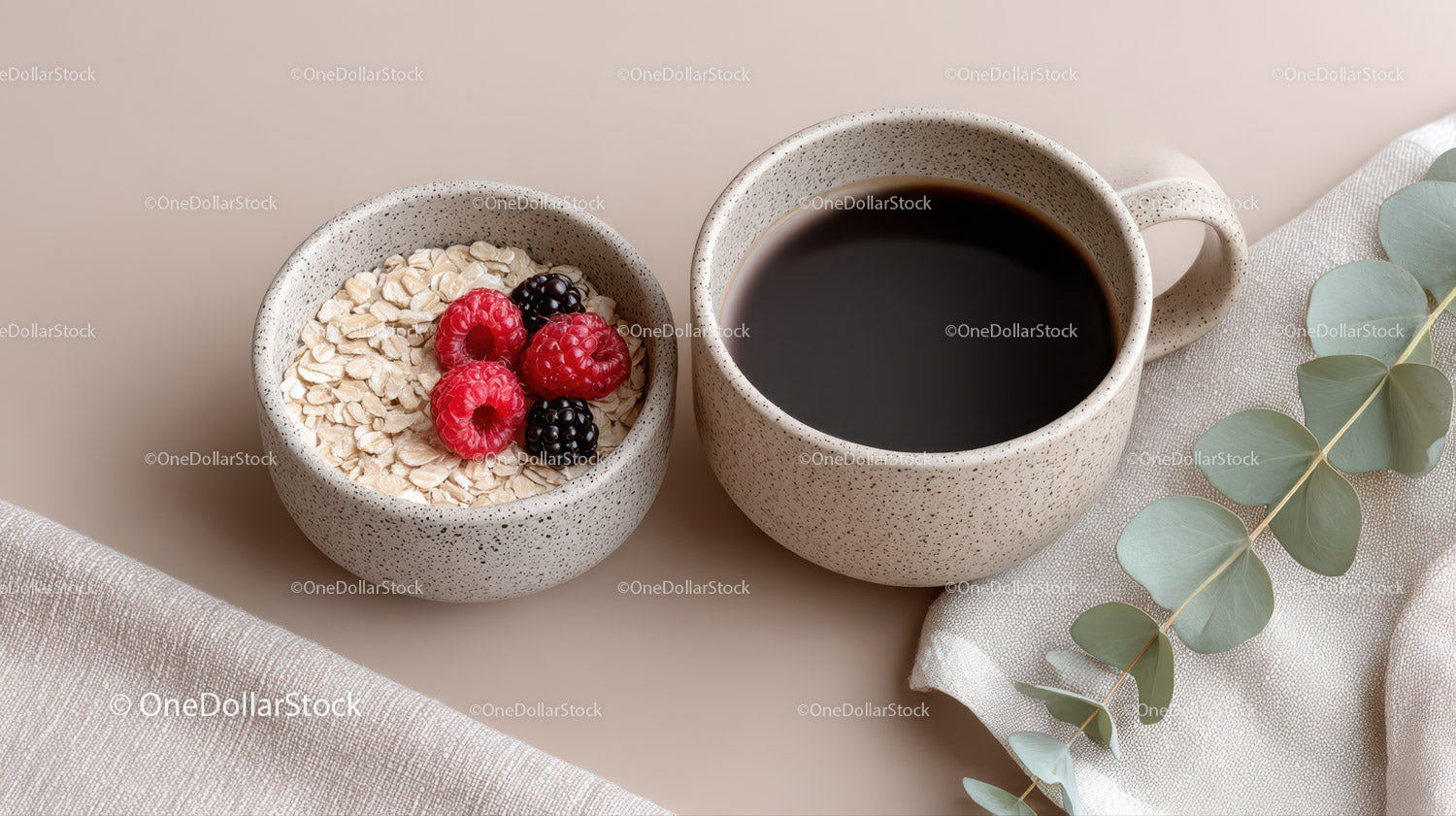 Oatmeal with Mixed Berries and Black Coffee in Rustic Ceramic Tableware