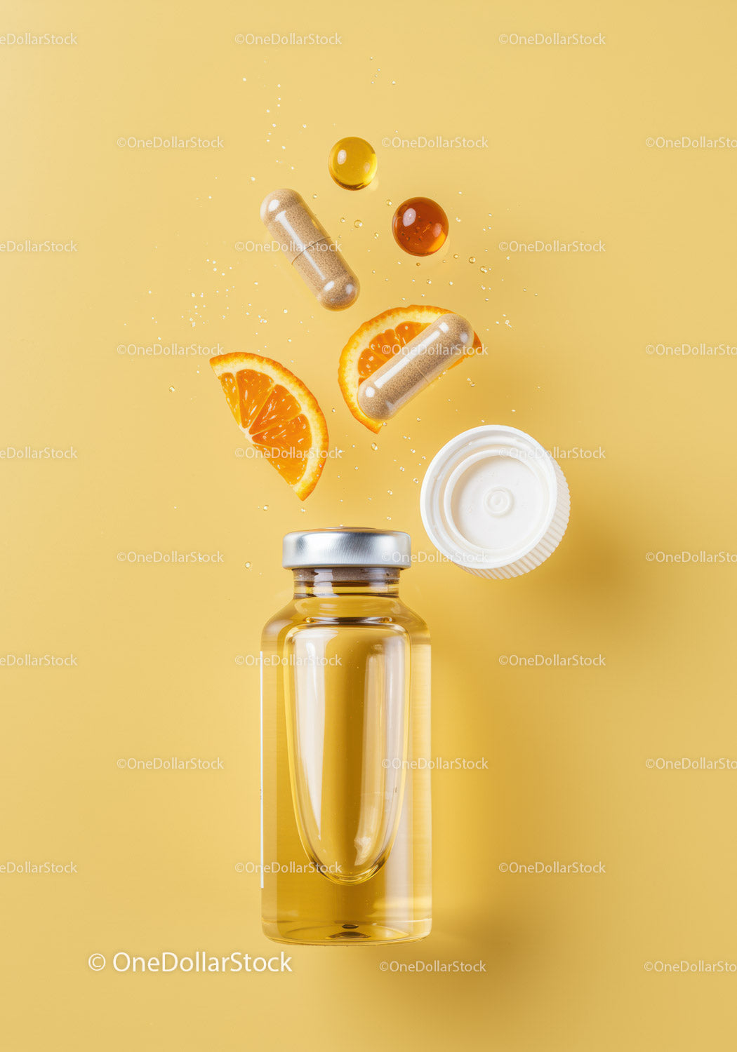 Vitamin Supplements and Orange Slices on Yellow Background