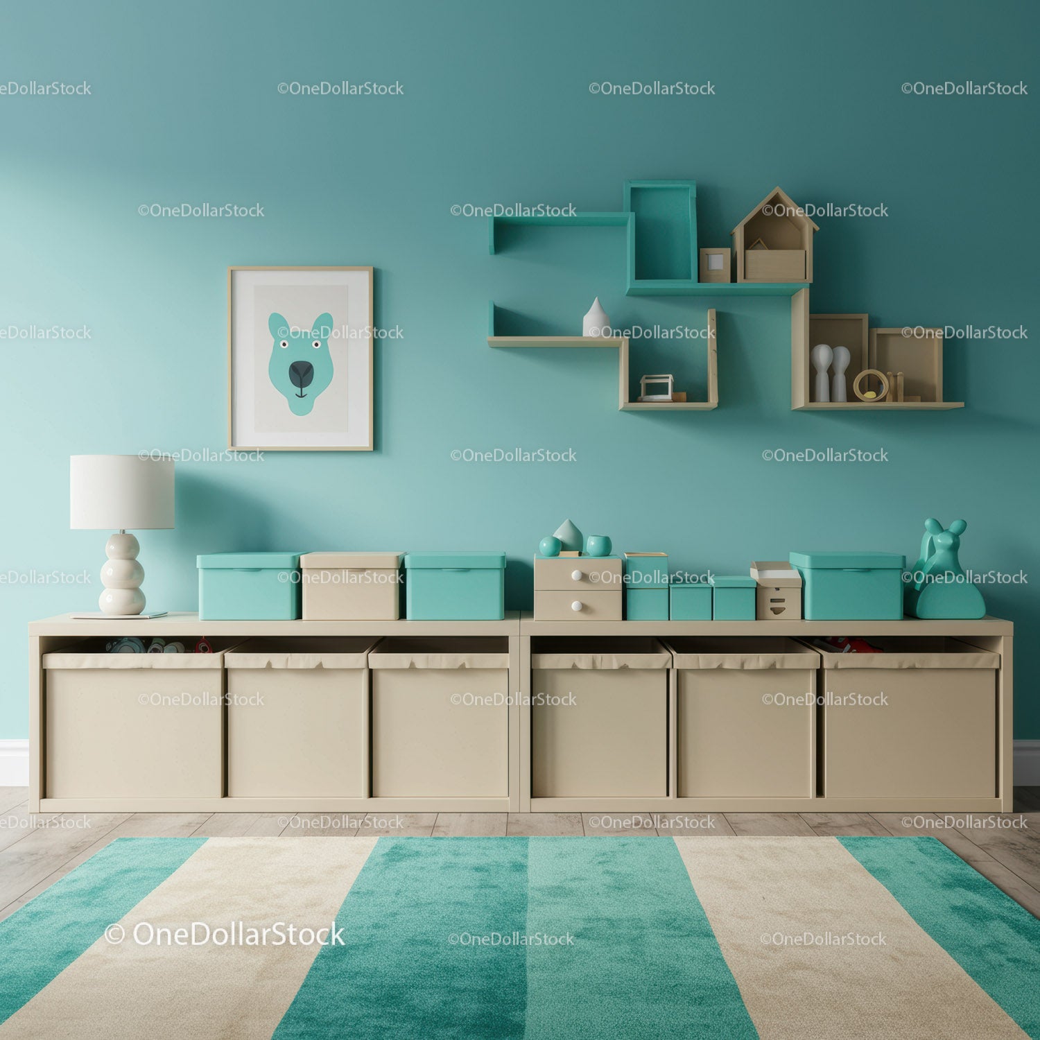Children's Room with Turquoise Wall and Modern Storage Shelves
