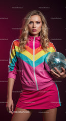 Vibrant Young Woman in Colorful Tracksuit Holding Disco Ball