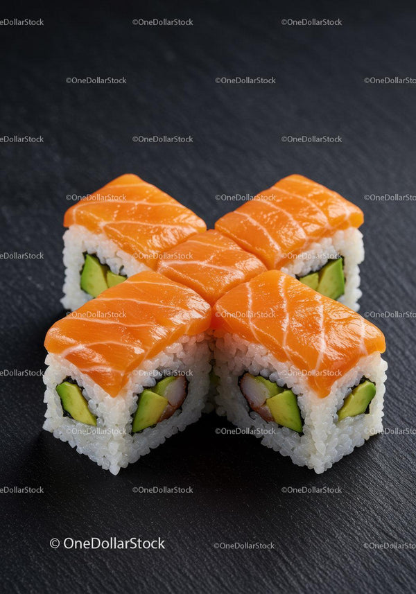 Fresh Salmon Sushi Rolls with Avocado on Dark Slate