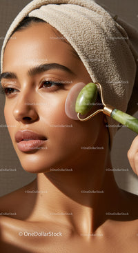 Woman Receiving Facial Massage with Jade Roller in Spa Setting