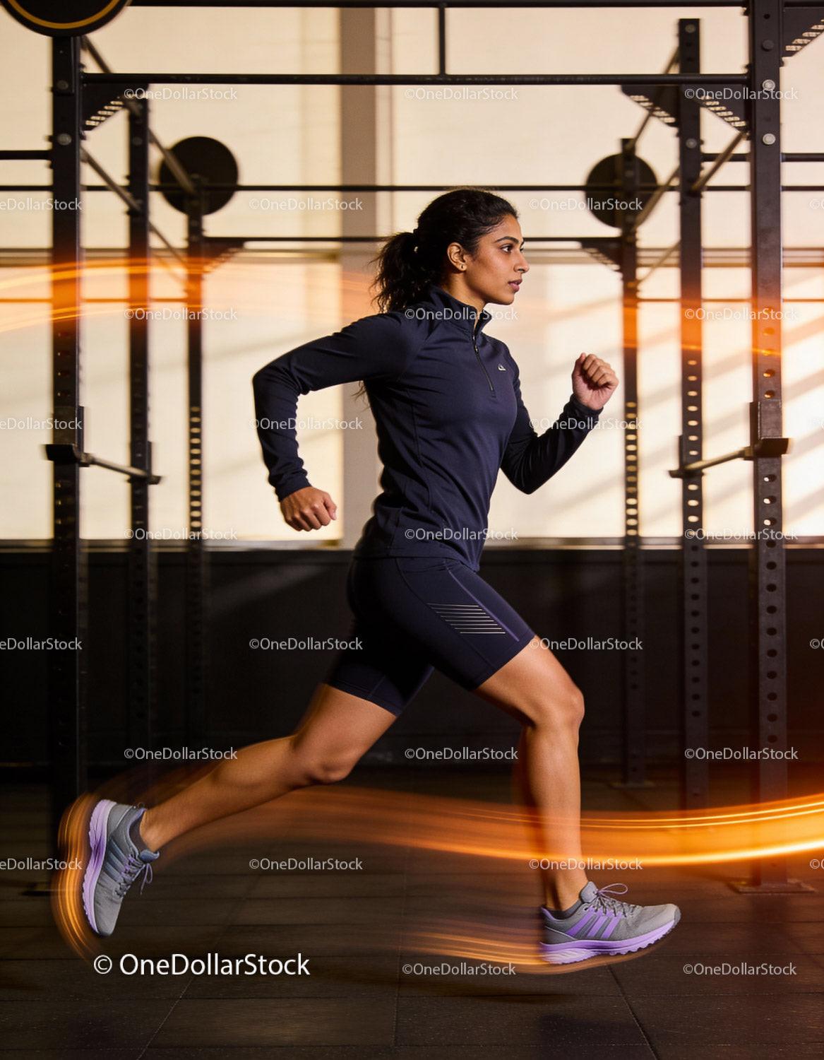 Focused young woman running indoors for fitness training