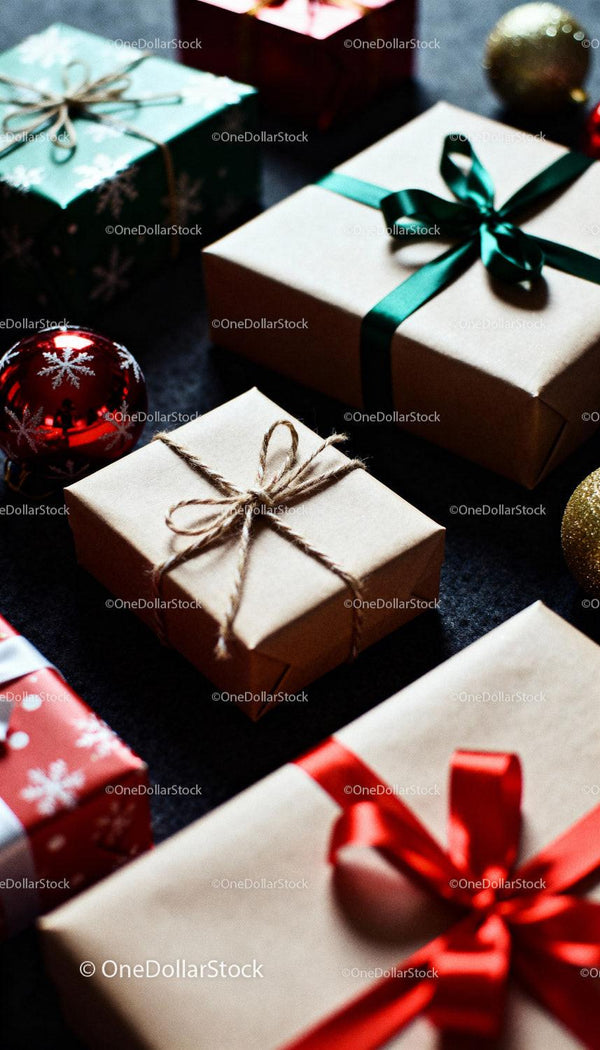 Christmas Gifts Wrapped in Natural Paper and Colorful Ribbons