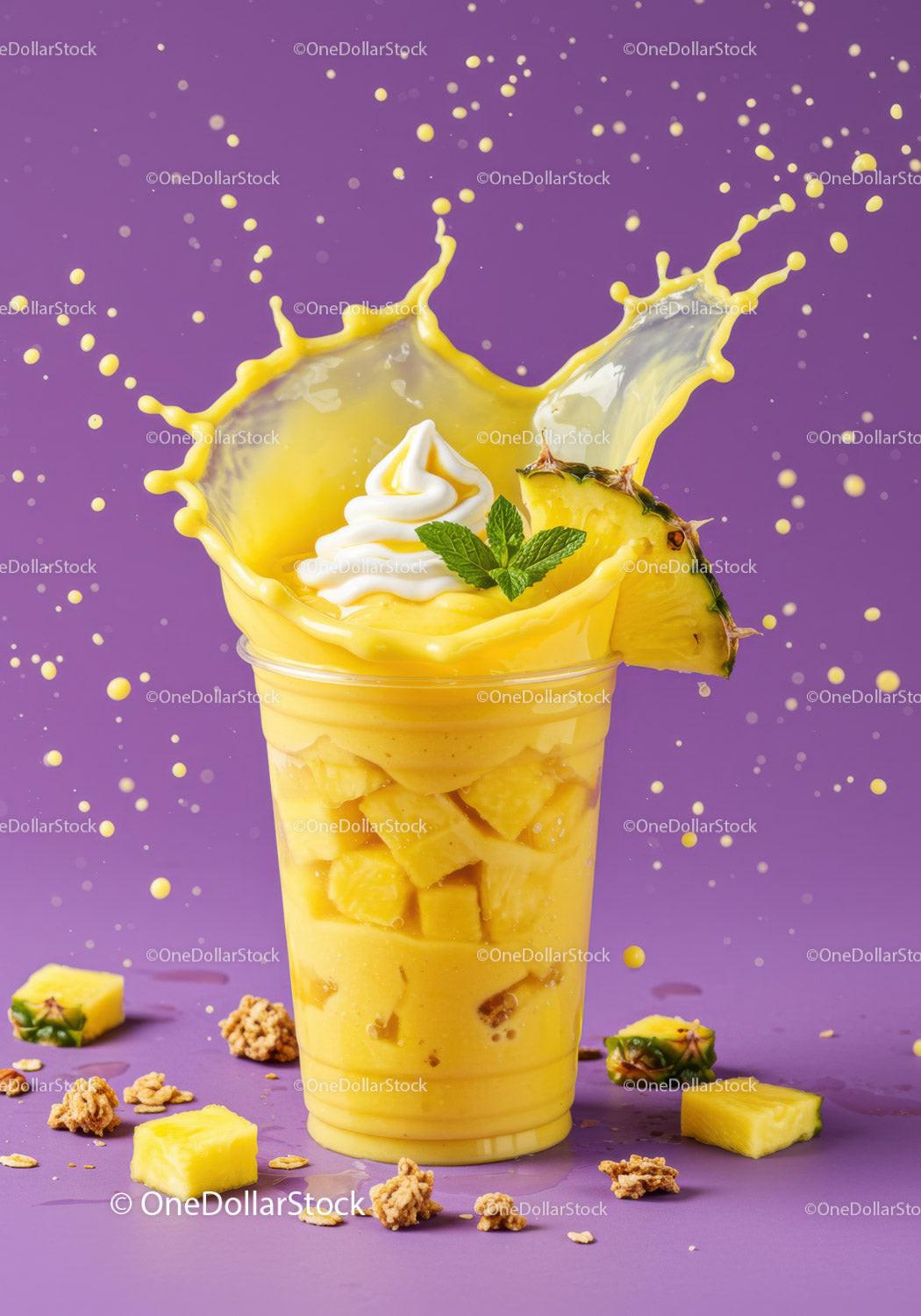 Refreshing pineapple smoothie with cream and fresh mint
