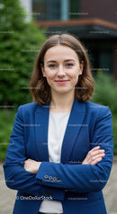 Confident Young Woman in Blue Blazer Smiling Outdoors