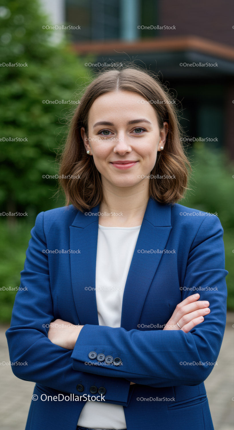 Confident Young Woman in Blue Blazer Smiling Outdoors