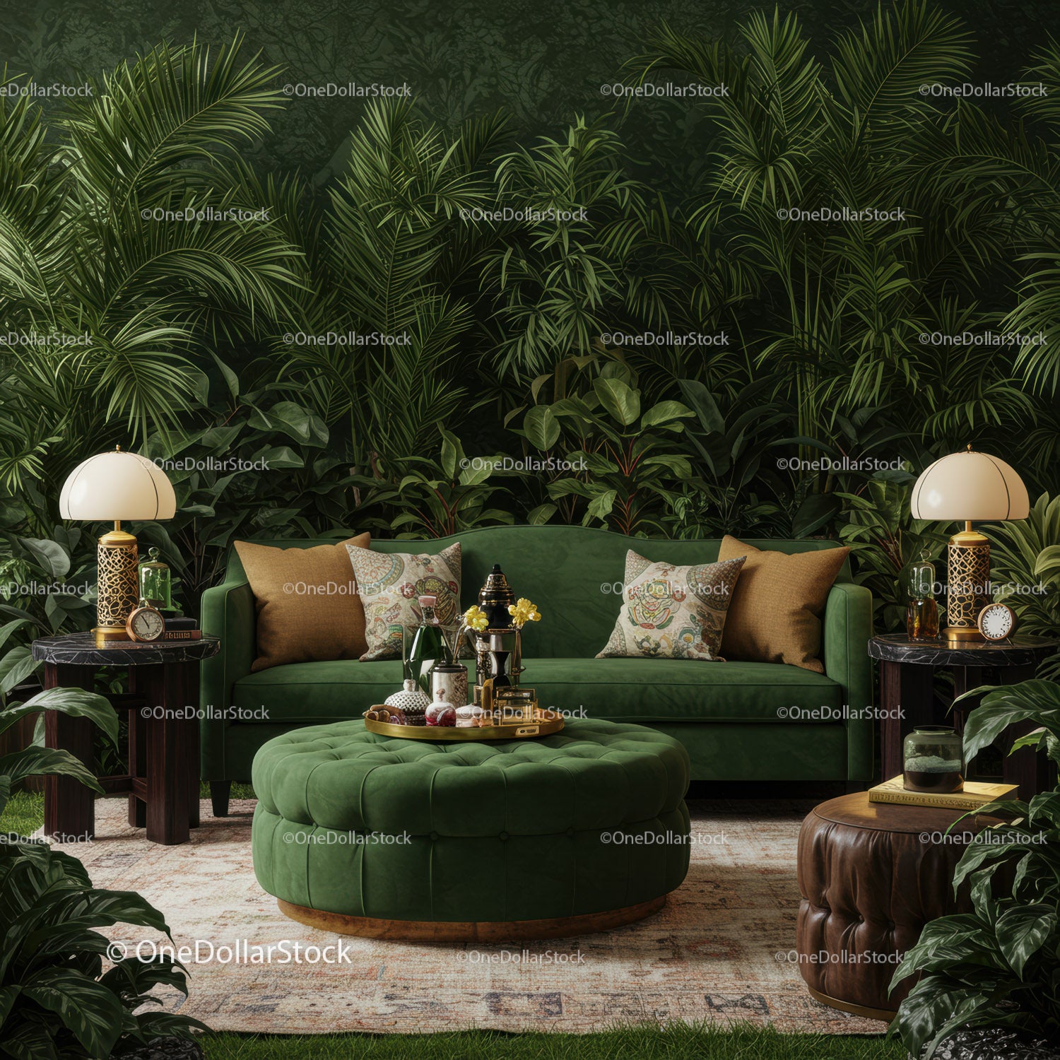 Przytulny zielony salon z botaniczną dekoracją ścienną