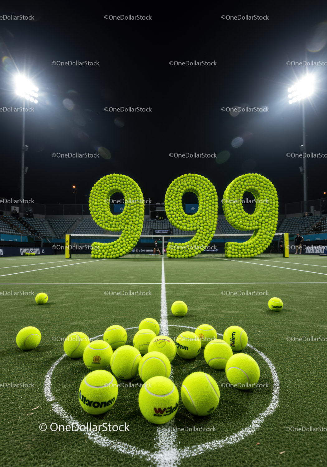 Tennis balls arranged in 999 number on tennis court