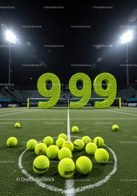 Tennis balls arranged in 999 number on tennis court