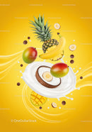 Tropical Fruits Splashing in Cream on Yellow Background