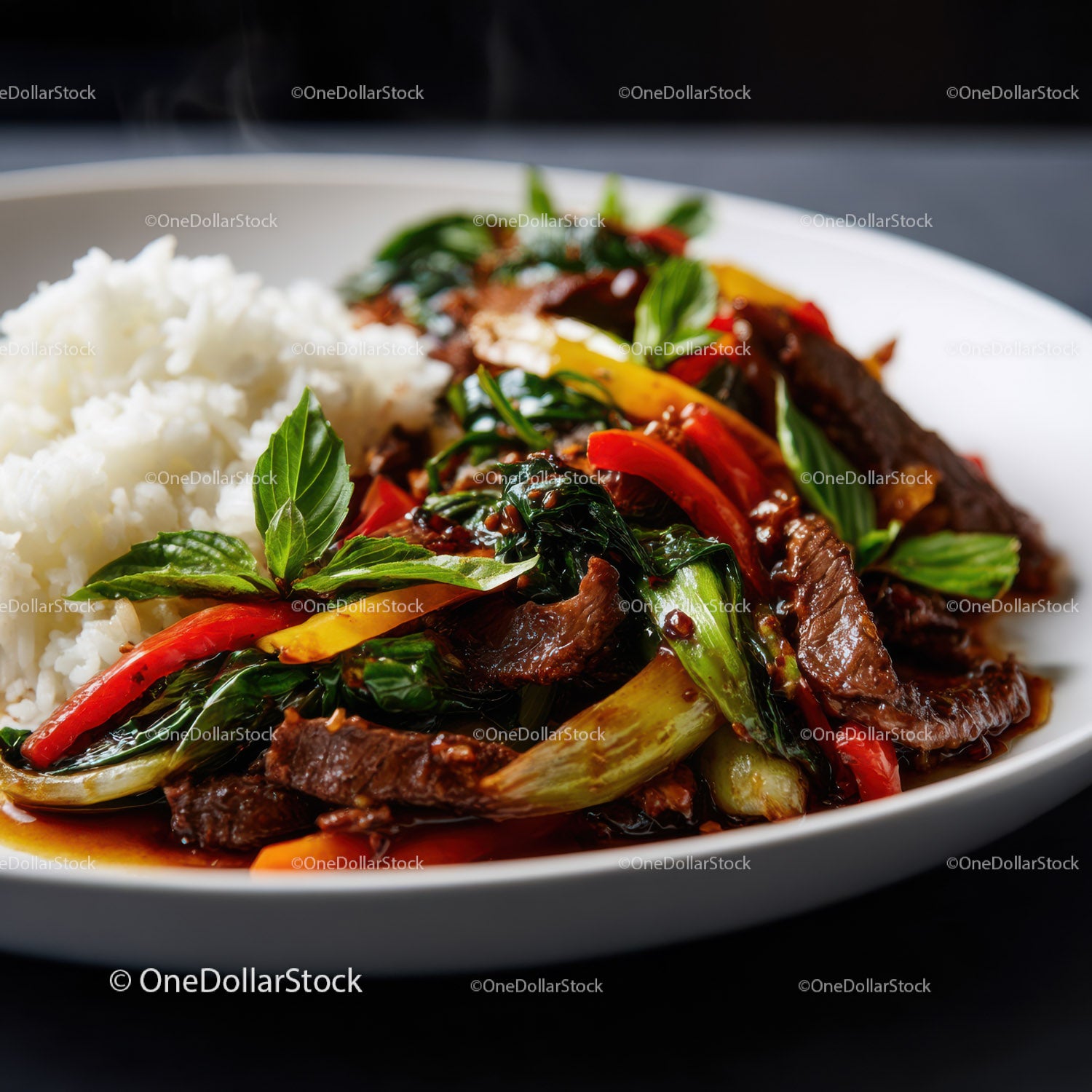 Stir-Fried Beef with Bell Peppers and Bok Choy on a White Plate